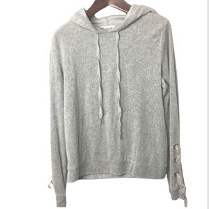 Boho Gray velvet velour pullover hoodie sweatshirt with lace up sleeves large